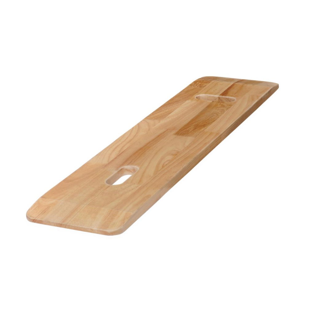 The Medline Bariatric Wooden Transfer Board, made from durable rubber wood with two oval handles and rounded corners, is shown on a white background.